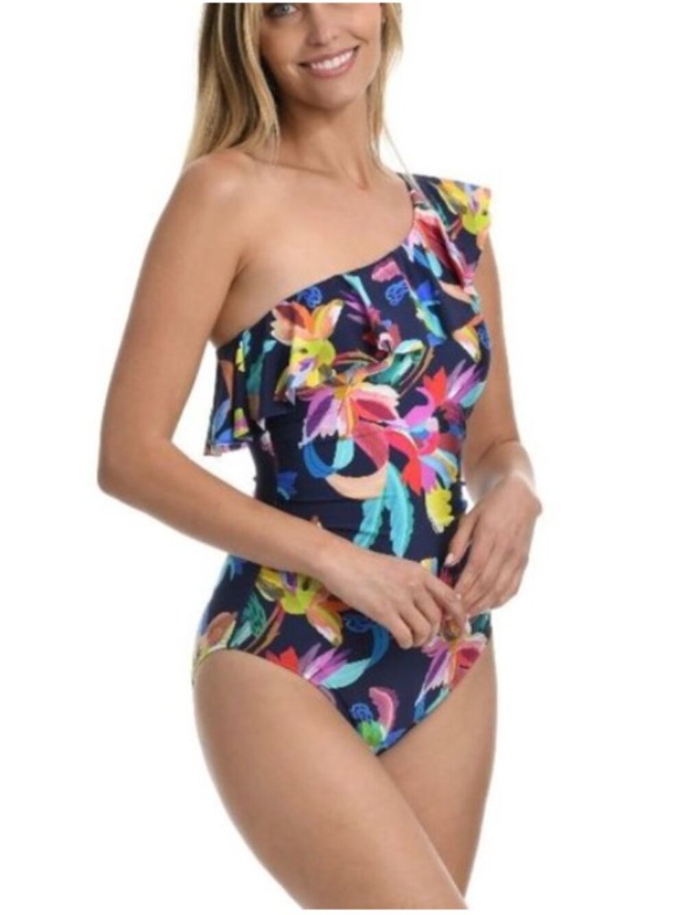 LA BLANCA By The Sea Ruffled Floral One Shoulder One-Piece Swimsuit Sz 8